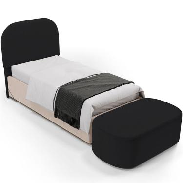 Imagem de Cabeceira Cama Box 100cm Lanna com Puff Recamier Doha W01 Bouclê Preto - Lyam Decor