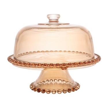 Imagem de Boleira Prato Para Bolo Cristal Com Pe e Tampa Pearl Ambar - WOLFF