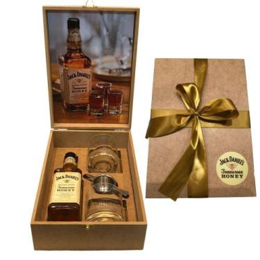 Imagem de Box Whisky Jack Daniels Honey Mel 375ml + 2 Copos + Dosador, Rústica