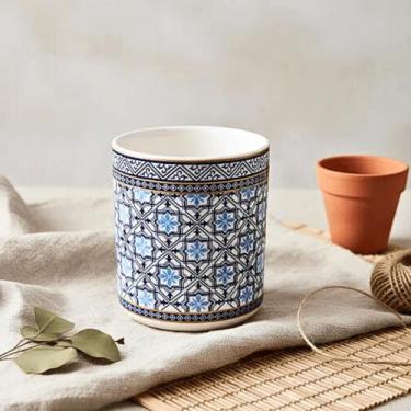 Imagem de Cachepôs Vaso Azulejo Português Azul Branco 10 cm Arranjos Flores Sucu
