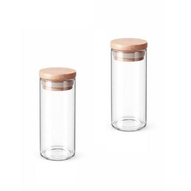 Imagem de Kit 2 Potes Organizador Vidro Tempero 320ml tampa de bambu Mantimento 
