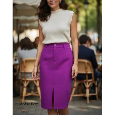 Imagem de MODAS DOMI Saia Midi Alfaiataria Com Fenda Lateral 0125, Roxo uva, P