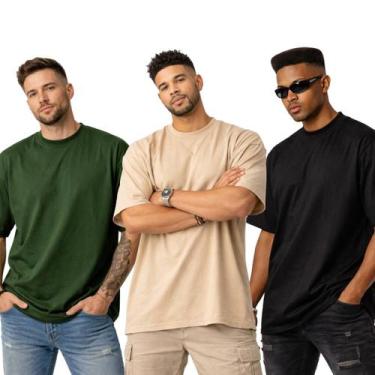 Imagem de Kit com 3 Camisetas Oversized Masculina Lisa Pronta Entrega - RM Fabri