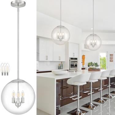 Imagem de Bagood Luminária pendente globo de 35,5 cm de níquel, grande globo de cozinha, luminária de meados do século, com vidro transparente de altura, luzes de suspensão ajustáveis para sala de estar