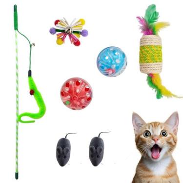 Imagem de Kit 7 Brinquedos Gato Bolinha Ratinho Varinha Minhoca - Trio Auau Prod