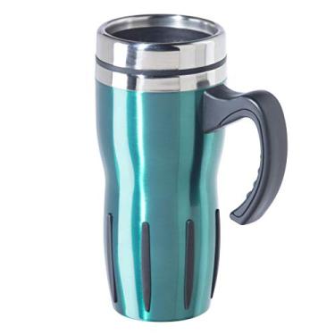 Imagem de Oggi Caneca térmica de viagem de aço inoxidável Multigrip – Pavão, 473 ml, com tampa deslizante aberta para bebidas quentes e frias.