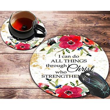 Imagem de Mouse pad e porta-copos redondos, Philippians 4: 13 citações cristãs Bíblia Escritório Inspirador Vermelho Aquarela Flores Mousepad, Mouse pad redondo de borracha antiderrapante, tapete de mouse perso