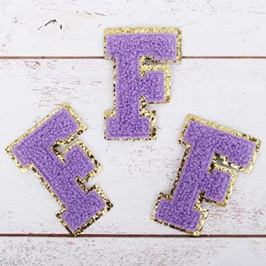 Imagem de Pacote com 3 adesivos de chenille ferro sobre glitter, letra universitária de 8 cm de altura - Tecido de chenille lavanda com acabamento em glitter dourado - Costurar ou passar a ferro - 8 cm LAV F