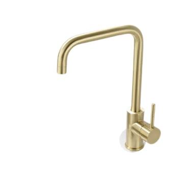 Imagem de Torneira de cozinha inoxidável escovado ouro latão aço trefilação dourada torneira de água quente e fria torneira misturador acessórios de cozinha, estilo 2