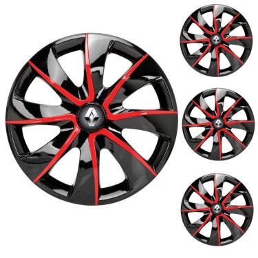 Imagem de Jogo Calota Aro 13 Prime Black Red Elitte Preto Vermelho + Emblema Resinado Renault (Sandero Logan Clio Scenic Megane Kwid)