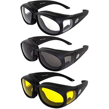 Imagem de 3 pares de óculos Birdz Swallow Fit Over Glass espuma acolchoada para motocicleta armação preta transparente fumaça amarela