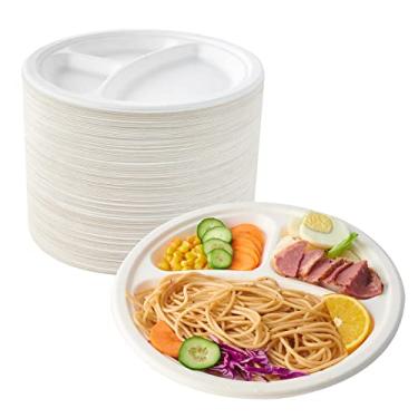 Imagem de ECOLipak Pacote com 150 pratos compostáveis com 3 compartimentos, pratos de papel biodegradáveis descartáveis de 23 cm, pratos ecológicos para bagaço de cana de açúcar para jantares de festa
