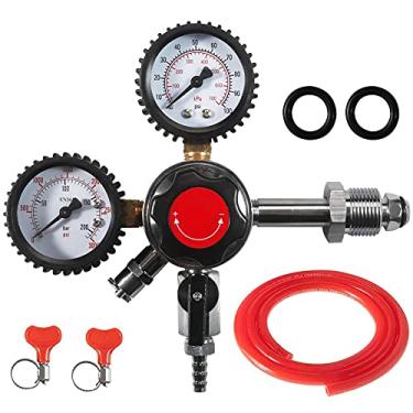 Imagem de LUCKEG Regulador de pressão de ar a gás de calibre duplo CGA580 com pressão de entrega de 0-100 PSI Regulador de barril de nitrogênio de calibre duplo premium com linha de gás de 1,5 m e grampos de minhoca