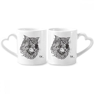 Imagem de Conjunto de canecas de porcelana para casais, pintura humana de gato, um olho, copo de cerâmica para amantes,