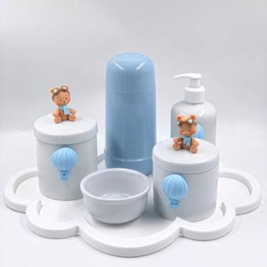 Imagem de Kit Higiene Bebê Porcelana Ursinho Baloeiro Bandeja Nuvem Garrafa Azul