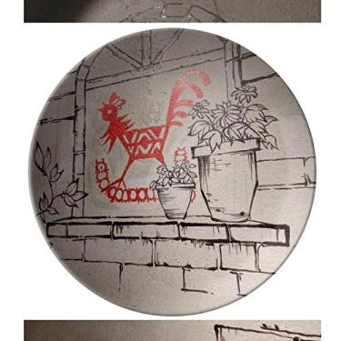 Imagem de Prato de mural em vaso de galo vermelho estilo chinês cortado em papel decorativo de porcelana Salver louças de jantar