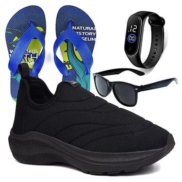 Imagem de Tenis Infantil Meninos Calce Facil Leve Tipo Meia + Chinelo Oculos Relogio Cor:Preto;Tamanho:29
