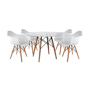 Imagem de Mesa Sala de Jantar Eiffel Eames Redonda Vidro 90cm com 4 Poltronas Brancas Base Madeira Maciça