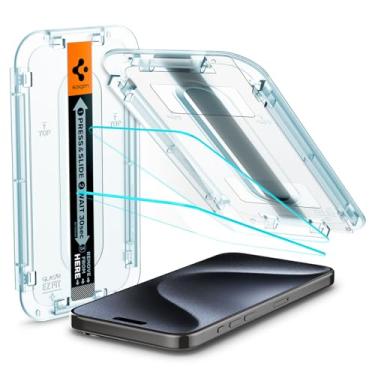 Imagem de Spigen Protetor de tela de vidro temperado [GlasTR EZ FIT] projetado para iPhone 15 Pro [compatível com capas] - pacote com 2