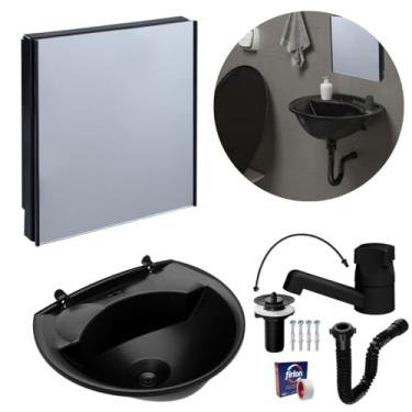 Imagem de Armário Banheiro Espelheira Sobrepor e Embutir Preto 30,1x9,4x35,3cm + Pia Lavatório Plástico