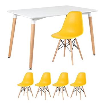 Imagem de Loft7, Mesa de jantar retangular Eames 80 x 120 cm branco + 4 cadeiras Eiffel DSW Amarelo