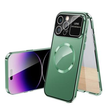 Imagem de PuRoxx Capa magnética para iPhone 15 Pro Max/15 Pro/15 Plus/15, anti-espiamento, dupla face, vidro temperado, capa de telefone com janela grande, moldura de metal, verde, 15 Plus