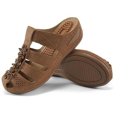 Imagem de Atoshopce Tamancos femininos confortáveis com suporte de arco sandálias anabela para mulheres verão casual slip on tamancos sapatos de caminhada ao ar livre feminino, Marrom, 7.5