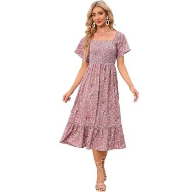 Imagem de Camisa Feminina Ditsy Floral Print Square Neck Ruffle Hem Dress (Color : Pink, Size : L)
