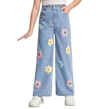 Imagem de SweatyRocks Calça jeans feminina com estampa floral e pernas largas cintura alta elástica calça jeans longa com bolsos, Lavagem leve, 8 Years