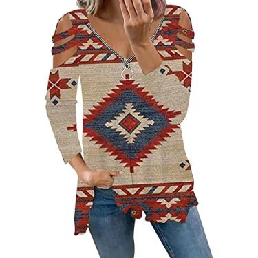 Imagem de Tops de ombro frio para mulheres com estampa solta, camisas de manga comprida, bainha fluida, zíper, gola V, alça, túnica bordada com floral Geometria Tribal Asteca Ocidental M11-Bege Small