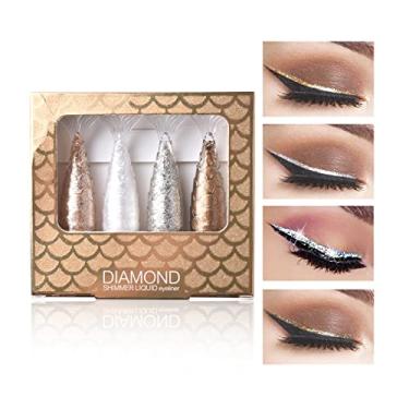 Imagem de LAMUSELAND Delineador com glitter líquido de 4 cores, sombra de sereia, diamante metálico cintilante, impermeável, conjunto colorido de maquiagem para mulheres e meninas (A)