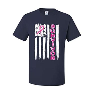 Imagem de Camiseta masculina Survivor Pink Ribbon US Flag Awareness Breast Cancer Awareness, Azul-marinho, XXG