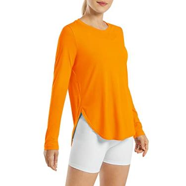 Imagem de G4Free Camisas femininas FPS 50+ UV manga longa treino sol camisa academia ao ar livre caminhada tops secagem rápida leve, Laranja, M