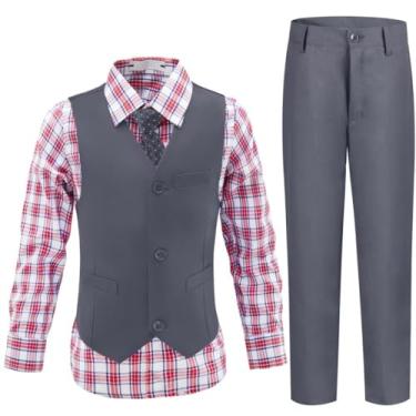 Imagem de Conjunto de terno formal infantil para meninos e adolescentes, roupas de casamento, smoking, comunhão, Camisa xadrez cinza, 4
