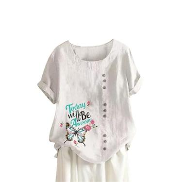 Imagem de Camisetas femininas de linho de verão com estampa de borboleta, caimento solto, manga curta, blusas casuais de férias, Branco, P
