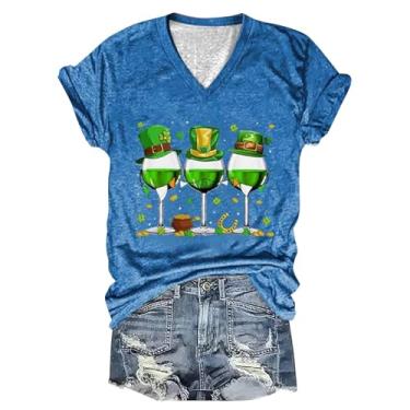 Imagem de Camiseta feminina com estampa de trevo do dia de São Patrício, estampa da bandeira americana, túnica verde, casual, manga curta, Azul, XXG