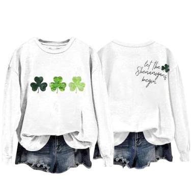 Imagem de Suéter feminino St Patricks Day manga longa verde irlandês Lucky Clover impressão 2024 tops gola redonda, Branco, XXG