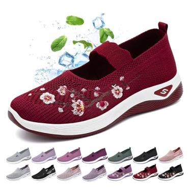 Imagem de Zlinib Tênis feminino de verão, ortopédico, respirável, sola macia, sem cadarço, espuma para diabéticos, suporte de arco, 2 - Bordado - Vermelho, 7.5 Wide