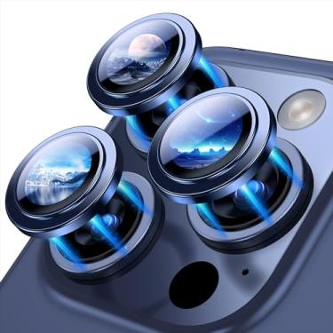 Imagem de BAZO Protetor de lente de câmera para iPhone 15 Pro/iPhone 15 Pro Max, [proteção contra quedas] Capa de tela de vidro temperado 9H amigável resistente a arranhões fácil de instalar – Titânio azul