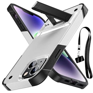 Imagem de YSLBWLE Capa para iPhone 14 e iPhone 13, capa protetora resistente à prova de choque, proteção de nível militar, resistente a arranhões, capa fina e fina, com suporte, com cordão, branca 6-IP13-02