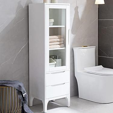 Imagem de Armário de banheiro independente para casa moderna, armário de armazenamento de entrada de madeira com portas, 2 gavetas, para banheiro, sala de estar, cozinha, branco