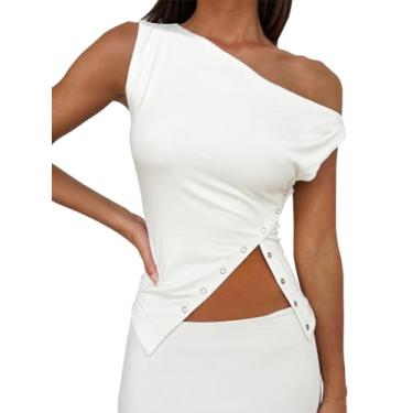 Imagem de Swahen Camisetas femininas com ombros de fora, sem mangas, assimétricas, assimétricas, para sair, Branco, G