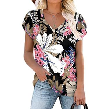 Imagem de CATHY 2024 Túnica feminina de verão camisetas casuais de manga curta gola V solta confortável camiseta leve e fofa, Fl Leaf Pink, 4G