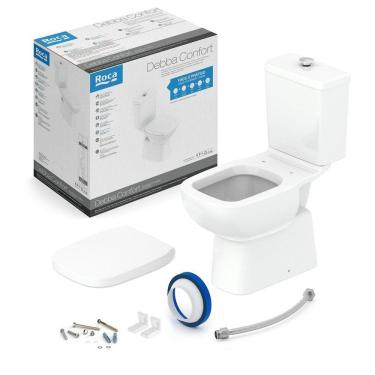 Imagem de Kit de Bacia com Caixa Acoplada com Botão Elevado com Assento PP e itens de instalação Debba Confort Roca Branco