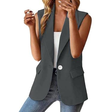 Imagem de Aniywn Blazer feminino casual com bolsos, sem mangas, com botões, jaqueta de lapela lisa, A2 - Cinza, G