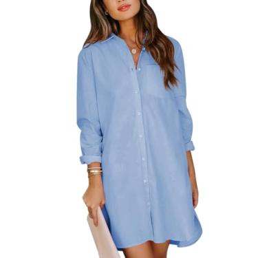 Imagem de YKR Vestido feminino com botões, túnica de algodão, manga comprida, estilo boyfriend, camisas com bolsos, Azul, M