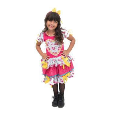 Imagem de Vestido Junino Infantil Rosa Florido Caipira com Tiara