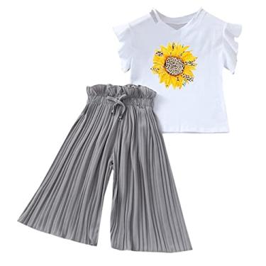 Imagem de Conjunto de roupas infantis para meninas, verão, girassol, camiseta, chiffon, franzido, calças soltas, shorts juvenis, grande, Cinza, 5 Anos