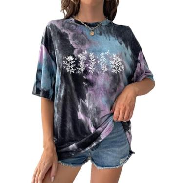 Imagem de SOFIA'S CHOICE Camisetas femininas grandes tie dye gola redonda manga curta casual verão, Grama preta roxa, P