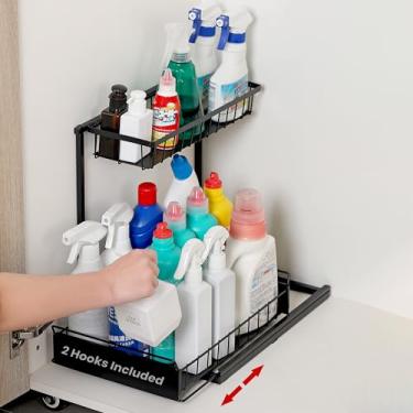 Imagem de ClearStorage Organizadores e armazenamento para debaixo da pia – Organizador deslizante para armário de banheiro – 2 prateleiras pretas com rodinhas e pés antiderrapantes para armário de cozinha e organizador de pia de banheiro